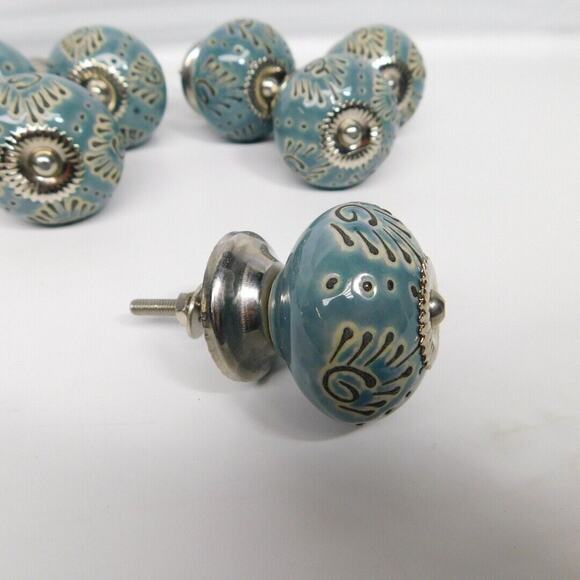 Casa Decor Ceramic DRAWER PULL KNOBS CABINET Blue Silver Handmade India-Set of 8 - Picture 2 of 5